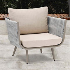 33.9 inch wide contemporary outdoor patio sofa in aluminum with gray and beige cushion