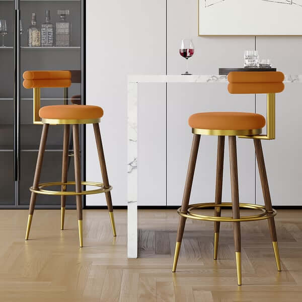 MidCentury Modern Orange Bar Height Stool with Backrest (Set of 2) Velvet Upholstery for Kitchen Counter or Home Bar Use Main image