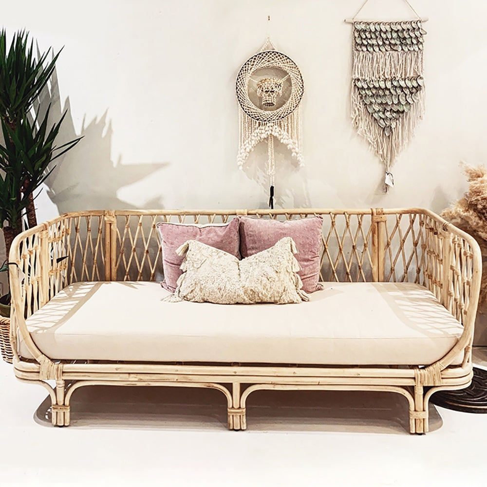 Cotton & Linen Upholstered Sofa Rattan Frame Natural Sofa in Small