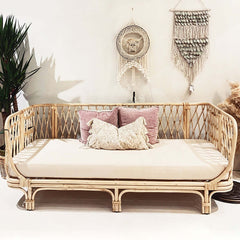 Rattan Frame Natural Sofa in Small Size with Cotton & Linen Upholstery