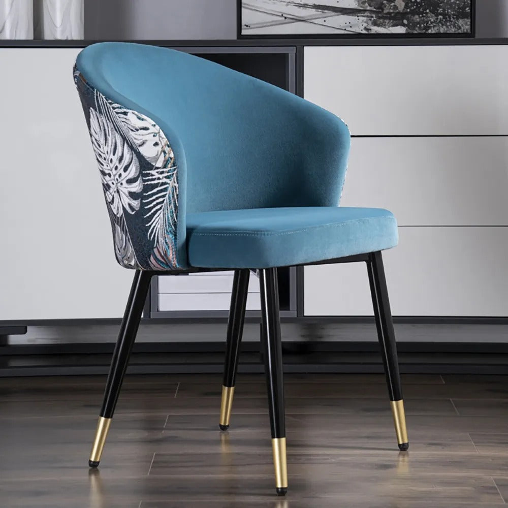 Blue Velvet Dining Chair with Curved Back and Armrests in Modern Design for Stylish Dining Room