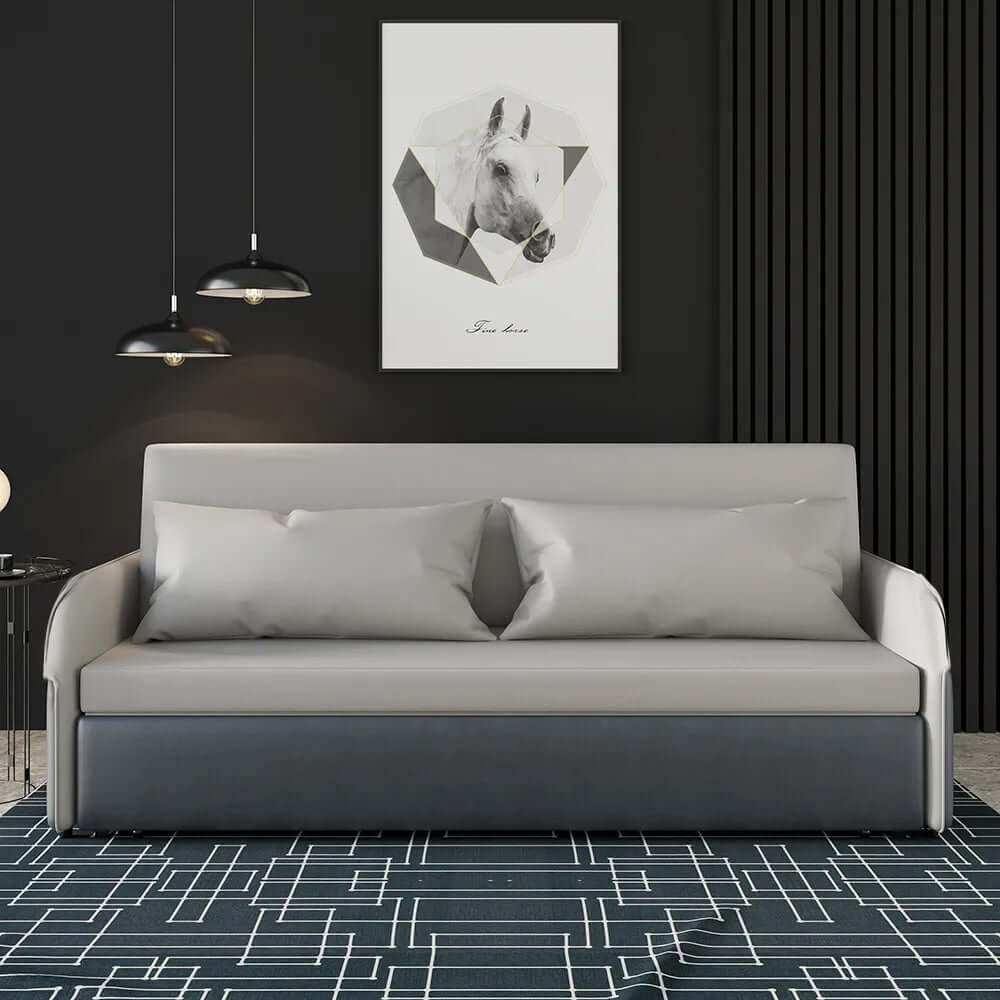 77 inch convertible storage full sleeper sofa upholstered in gray leathaire for versatile seating options and style