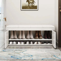 Contemporary white shoe storage bench with comfortable leather seat