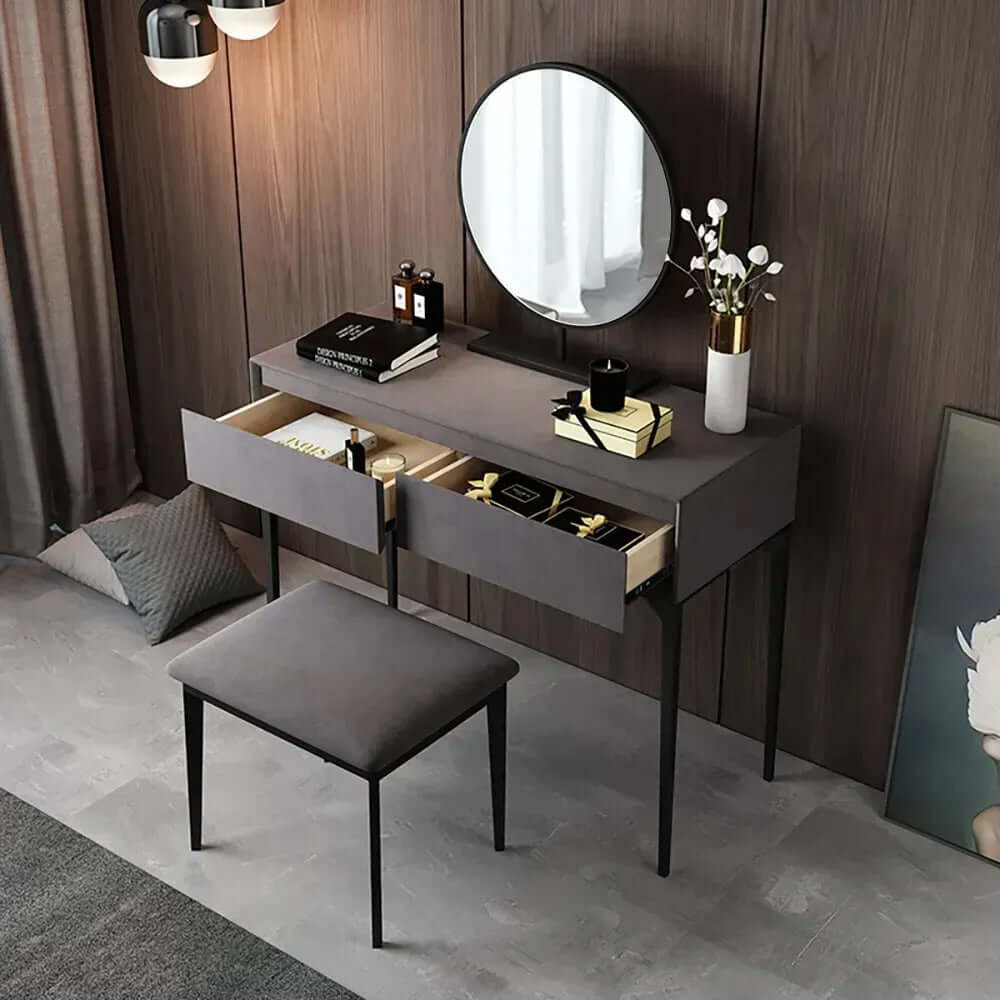 Modern makeup vanity set with soft velvet surface dressing and mirror in elegant gray color メイン画像