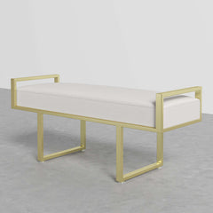 Stylish gray linen upholstered bench with gold legs, a luxurious addition to modern bedroom and entryway