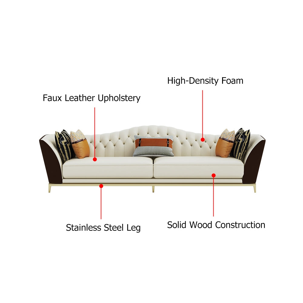 92.9" Faux Leather Upholstered Sofa White and Brown MidCentury Couch Curved Tufted Back