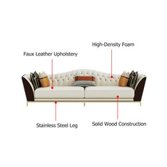 92.9-inch white and brown midcentury curved tufted back faux leather upholstered sofa