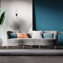 Contemporary 4-seater gray velvet sofa with gold legs and solid wood frame