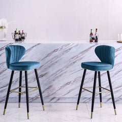 Contemporary backrest barstools in striking blue velvet upholstery set of 3