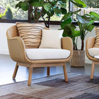 Rope woven patio lounge armchair with solid wood frame and brick cushion pillow in khaki color