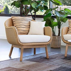 Rope woven patio lounge armchair with solid wood frame and brick cushion pillow in khaki color