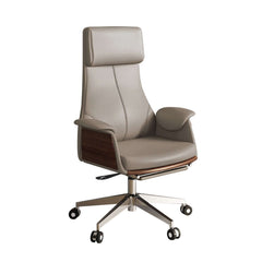 White leather ergonomic desk chair with adjustable swivel and high back support