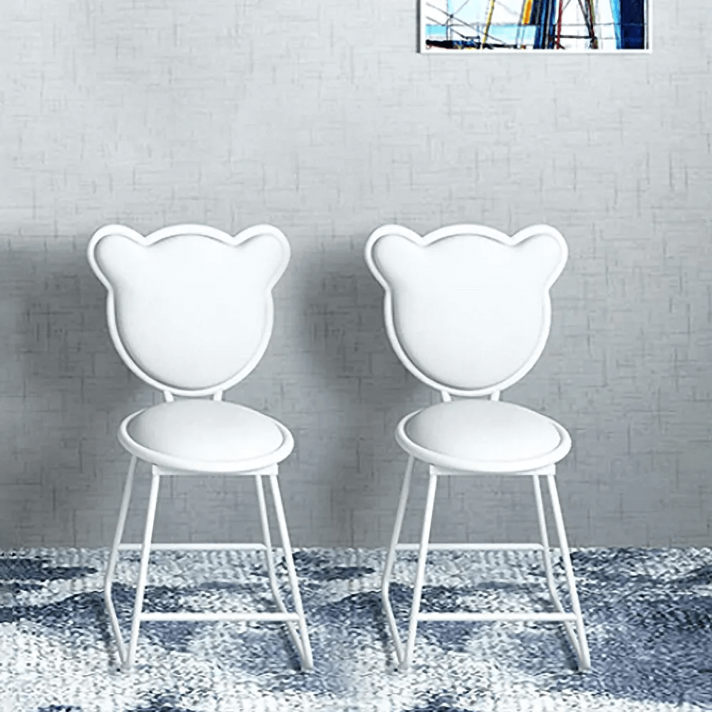 Elegant White Velvet Upholstered Dining Chair Vanity Stool - Backrest in Bear Shape - 2 Pieces