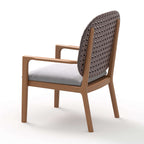 Teak wood dining set with glass top table and natural rattan armchair