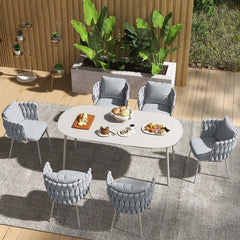 7 Pieces Outdoor Dining Set with Oval Faux Marble Top Table and Rope Woven Armchair for Elegant Outdoor Dining Experience