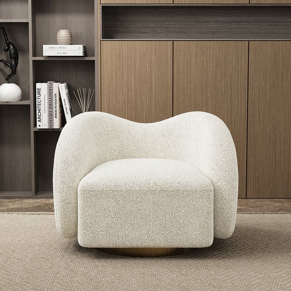 White swivel accent chair with cloud boucle fabric, modern lounge seating for living room