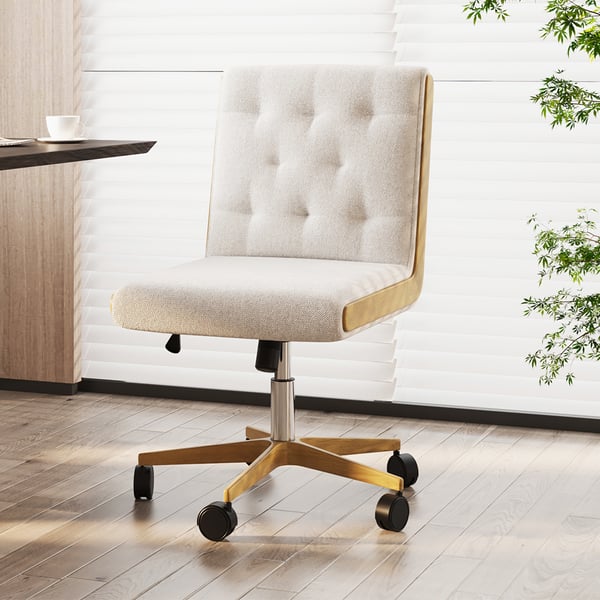 Ergonomic white swivel office chair with adjustable height and linen upholstery, armless design