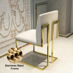 Elegant set of 2 dining chairs with white linen upholstery and gold stainless steel legs for modern dining room