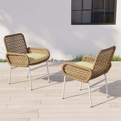 2 Pieces Farmhouse Aluminum & Rattan Outdoor Patio Dining Chair Armchair Set in Brown - Weather Resistant Design