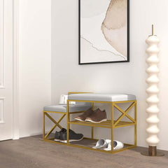 Sleek modern white upholstered entryway bench with gold legs