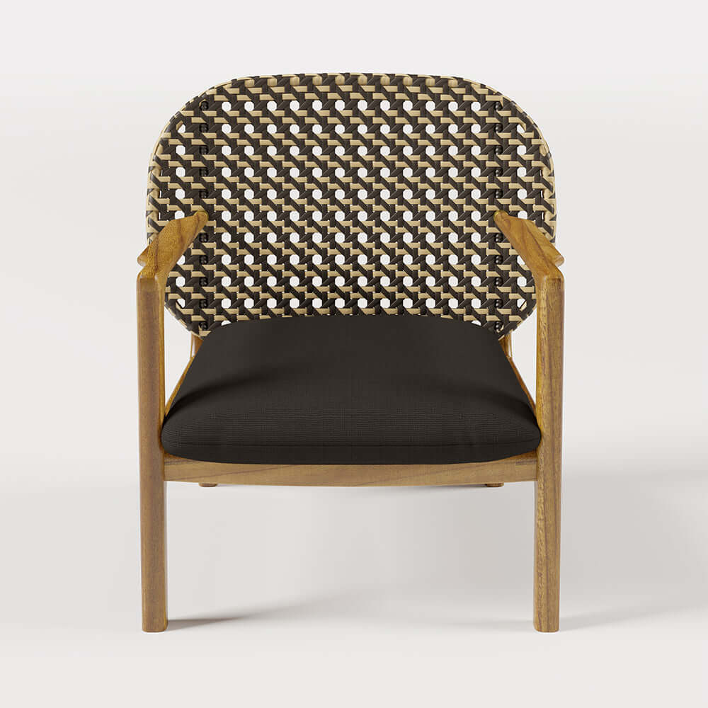 Teak and rattan 3-piece outdoor sofa set with natural wood rocking chair and cushions