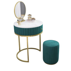 Luxurious modern makeup vanity set with small dressing table upholstered in velvet, including mirror & stool