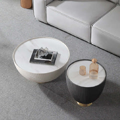 Gray drum coffee table featuring stone round top and PU leather accent, perfect for modern home decor