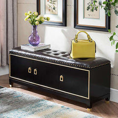 Black Faux Leather Entryway Bench with Shoe Storage Cabinet