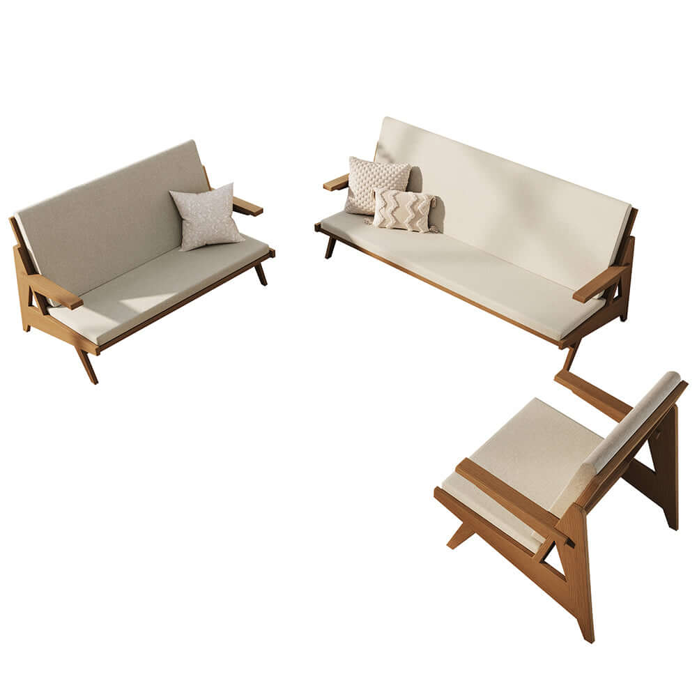 Elegant Rattan and Ash Wood Sofa, Loveseat, and Chair Set with White Cushions for Home Decors