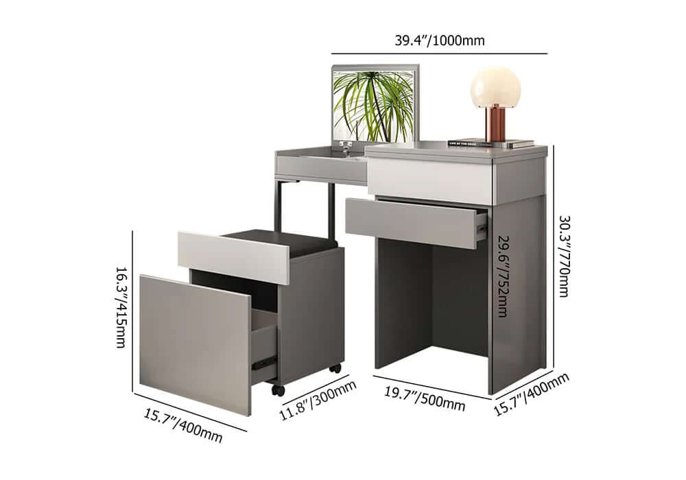 Sleek gray makeup vanity with a foldable mirror and stool, offering a minimalist yet convenient makeup area