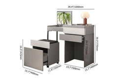 Sleek gray makeup vanity with a foldable mirror and stool, offering a minimalist yet convenient makeup area