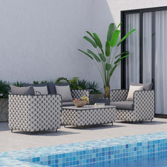 Stylish 4Pcs Aluminum & Rope Outdoor Sofa Set with Faux Marble Coffee Table and Plush Cushion Pillow for Outdoor Comfort