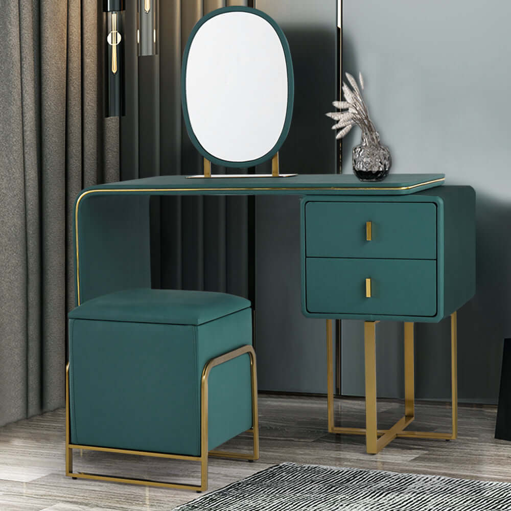 Green Makeup Vanity Set Expandable Dressing Table with Mirror&Side  Cabinet&Stool