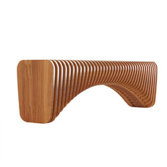 Natural wood curved bench with linear surface