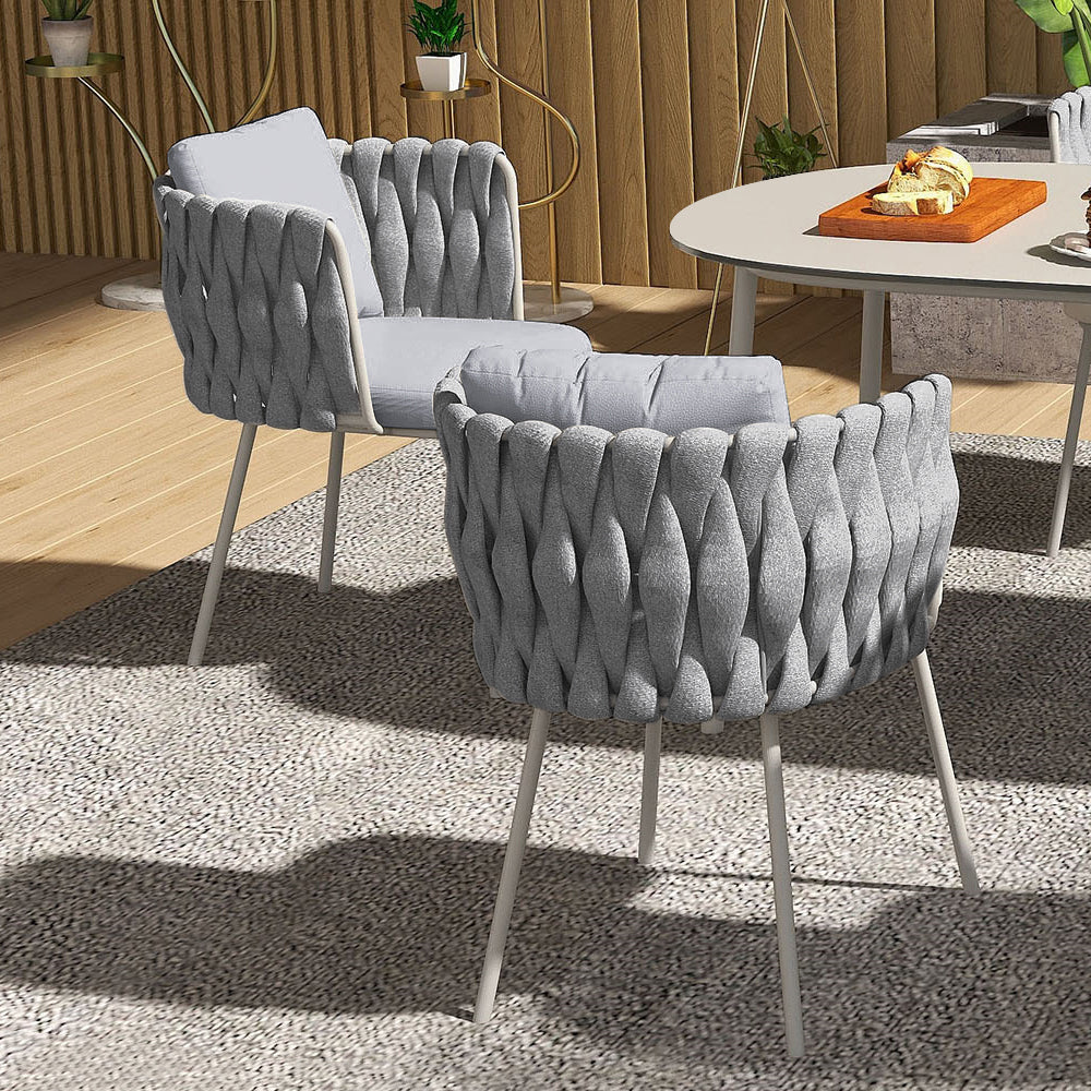 Modern Aluminum & Rattan Outdoor Patio Dining Chair Armchair in Gray (Set of 2)