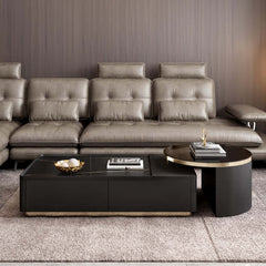 Sleek and Stylish Modern Black Nesting Stone & Glass Coffee Table Set with 4 Storage Drawers Set of 2 - Perfect for Small Living Spaces