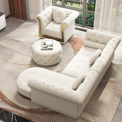 Dodiy Modern L-Shaped White Fabric Sectional Sofa with Ottoman and Pillows