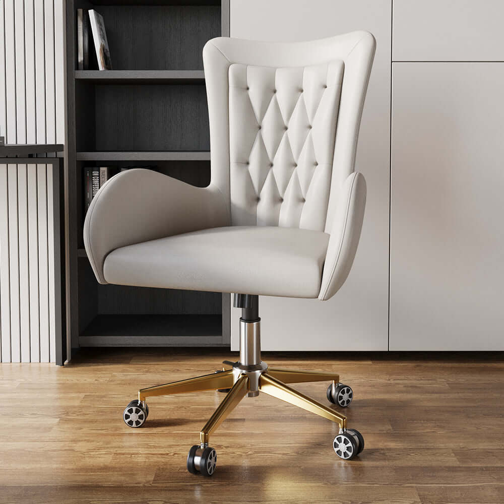 Modern white leather ergonomic office chair with swivel and adjustable height
