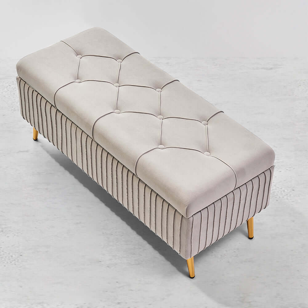 Elegant flip top bench in trendy gray velvet with luxurious gold legs