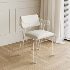 Modern white dining chair with arms upholstered in PU leather for comfortable dining experience