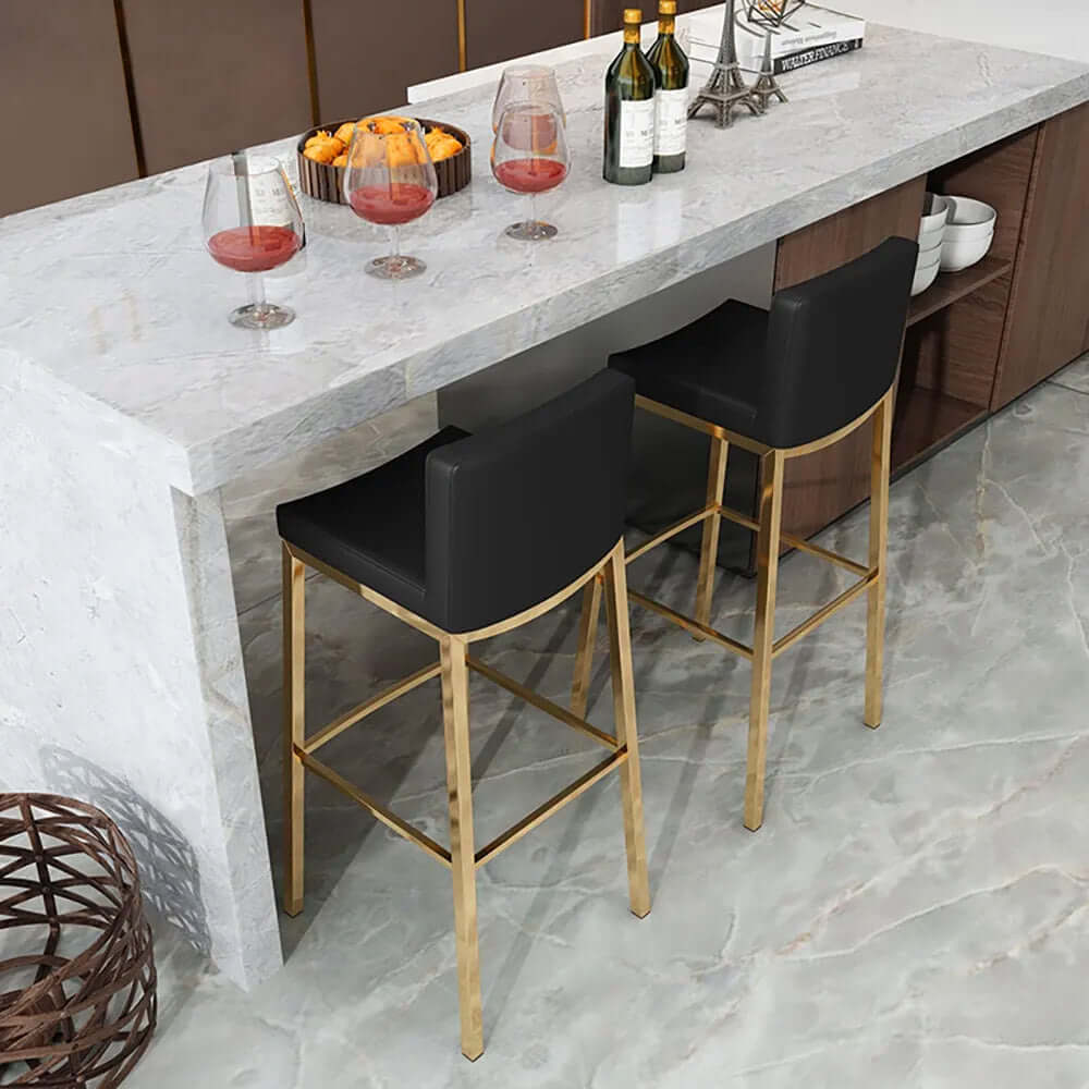 Moderne schwarze Barhocker aus Kunstleder, Set von 2 mit Rückenlehne & Fußstütze Zweitbild