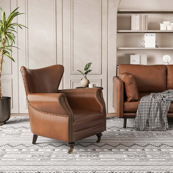 ミッドセンチュリーモダンなブラウンのアクセントチェア、ワックスレザーでアップホルストされたソリッドウッドフレーム サブ画像