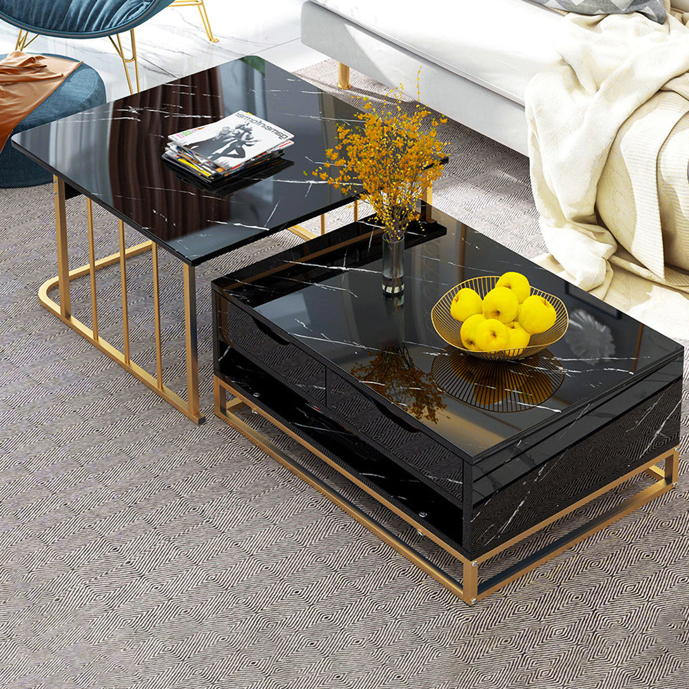Modern Nesting Coffee Table Set of 2 in Black with Drawers & Shelves