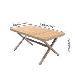 7-piece outdoor dining set with wood-top table and woven rattan armchairs in natural garden setting