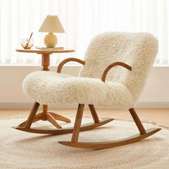 Modern White Grey Accent Chair with Khaki Boucle Fabric and Walnut Finish