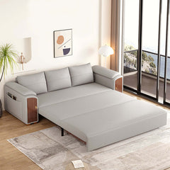 Functional 94.5" gray pull out sofa bed convertible LeathAire sleeper with lifttop coffee table