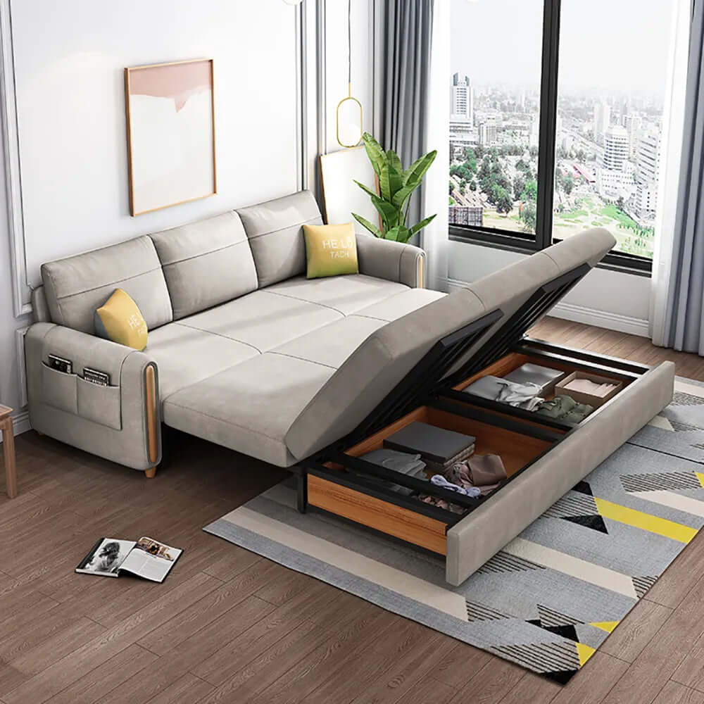 OffWhite Arm Full Sleeper Sofa Bed with Storage & Side Pockets for Home メイン画像