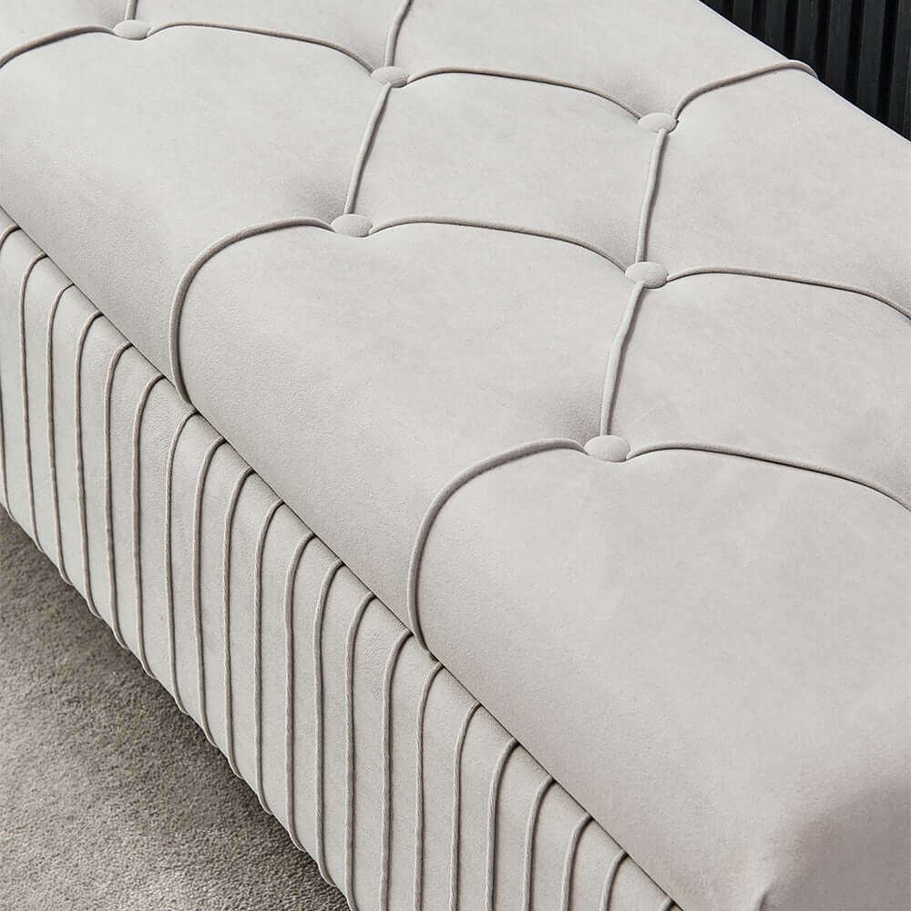 Trendy flip top storage bench in elegant gray velvet with gold legs