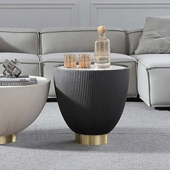 Gray drum coffee table with stone round design and PU leather accent, modern living room furniture