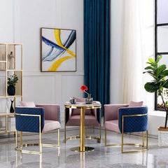 Chic pink and blue velvet chair featuring stylish gold barrel design